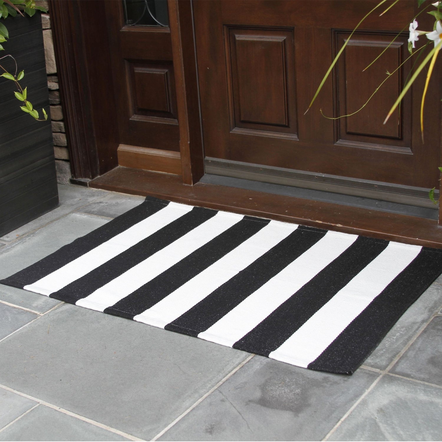 Striped Black White Rug Layered Front Door Under Doormat Outdoor