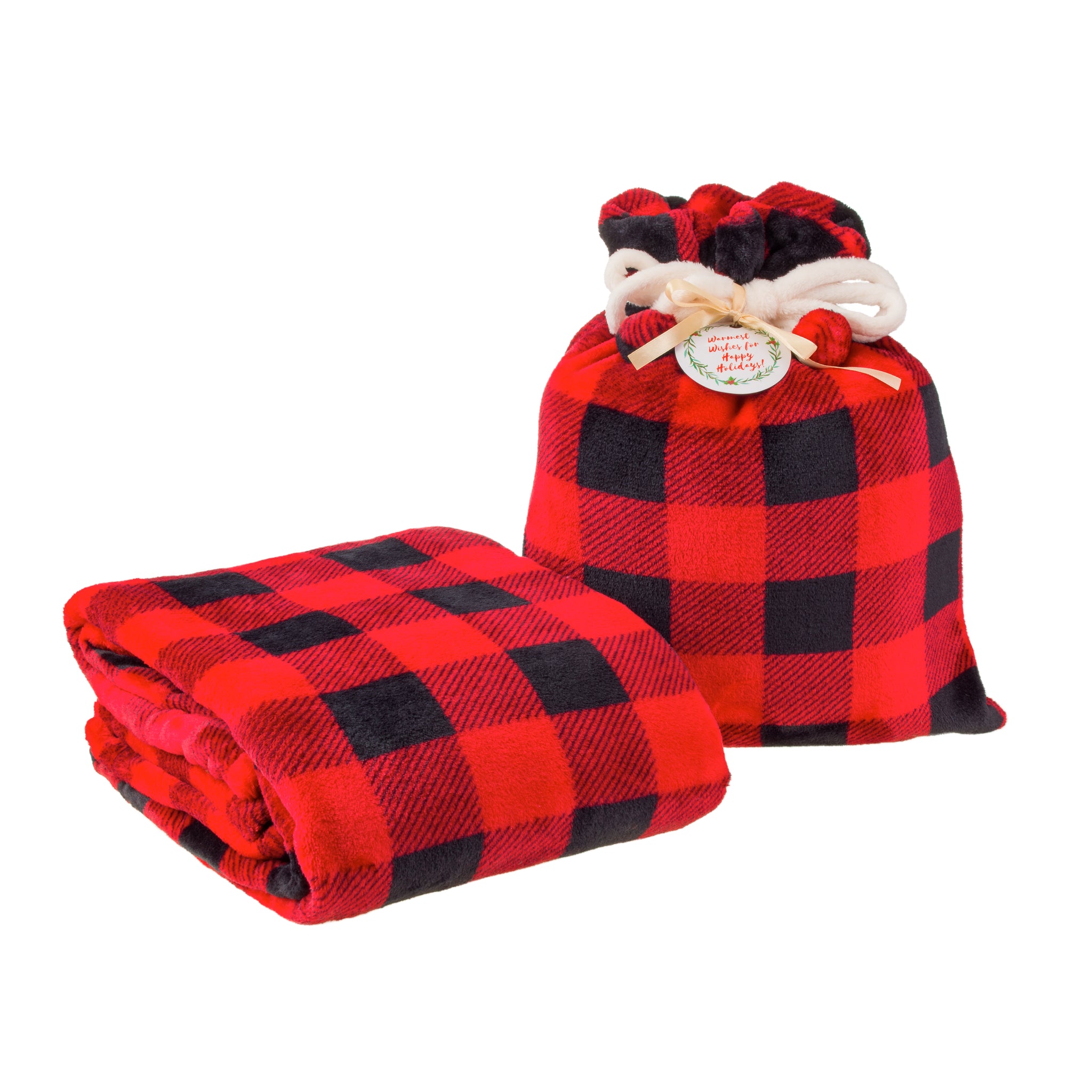 Fleece Blanket With Adorable Pouch (Red/Black Plaid)